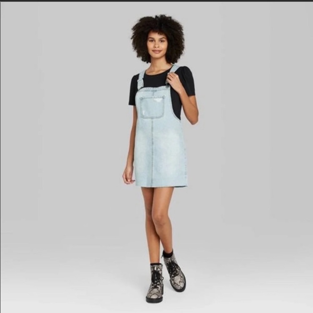 Wild Fable Overall Skirt Jumper Pinafore Dress Light Wash Raw Hem Pocket Medium
